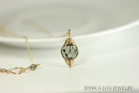14K yellow gold filled herringbone wire wrapped black diamond grey crystal solitaire pendant on chain necklace handmade by Jessica Luu Jewelry