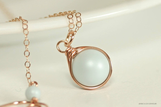 14K rose gold filled wire wrapped light pastel blue pearl solitaire pendant on chain necklace handmade by Jessica Luu Jewelry