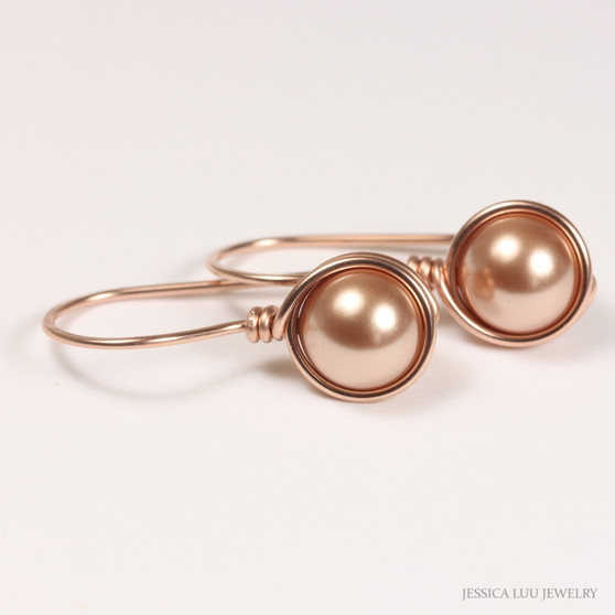 14K rose gold filled wire wrapped pearl drop earrings handmade by Jessica Luu Jewelry
