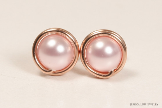 14K rose gold filled wire wrapped light pink rosaline pearl stud earrings handmade by Jessica Luu Jewelry