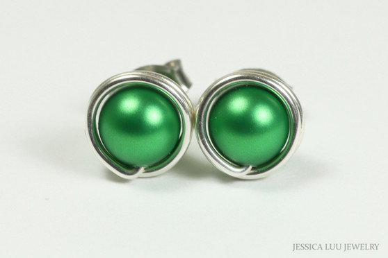 Sterling silver wire wrapped eden green pearl stud earrings handmade by Jessica Luu Jewelry