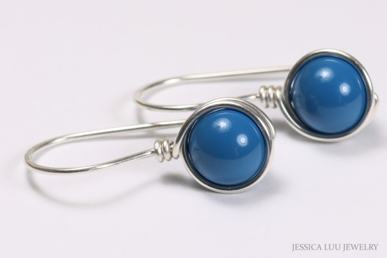 Sterling silver wire wrapped lapis blue pearl drop earrings handmade by Jessica Luu Jewelry