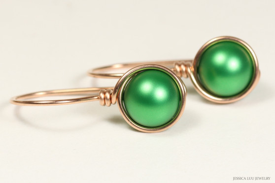 14K rose gold filled wire wrapped eden green pearl drop earrings handmade  by Jessica Luu Jewelry