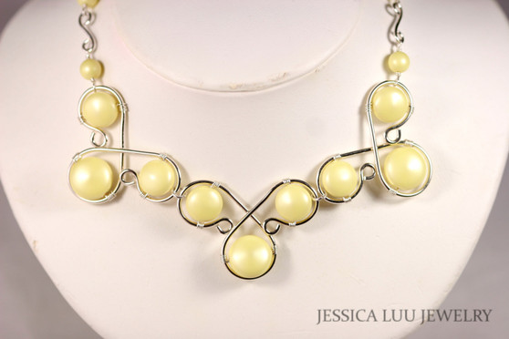 Sterling silver wire wrapped light pastel yellow flat coin pearl statement necklace handmade by Jessica Luu Jewelry