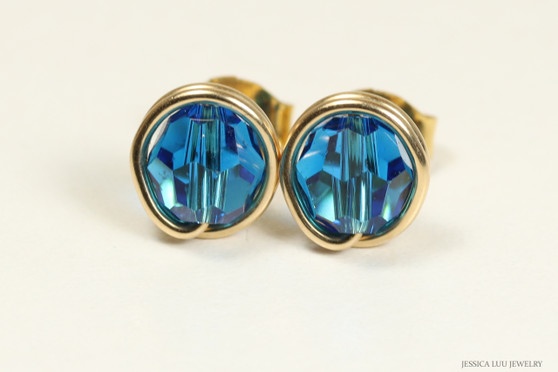 14K yellow gold filled wire wrapped Capri blue bright crystal round stud earrings handmade by Jessica Luu Jewelry
