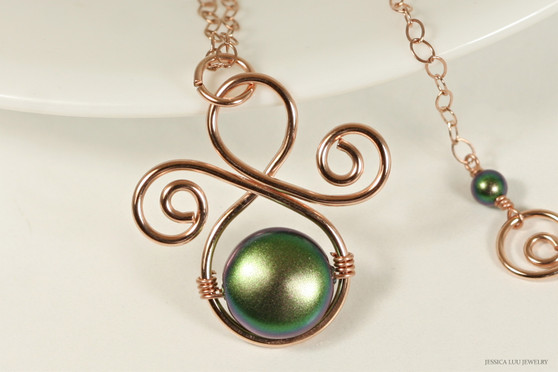 14K rose gold filled wire wrapped scarabaeus green flat coin pearl pendant on chain necklace handmade by Jessica Luu Jewelry