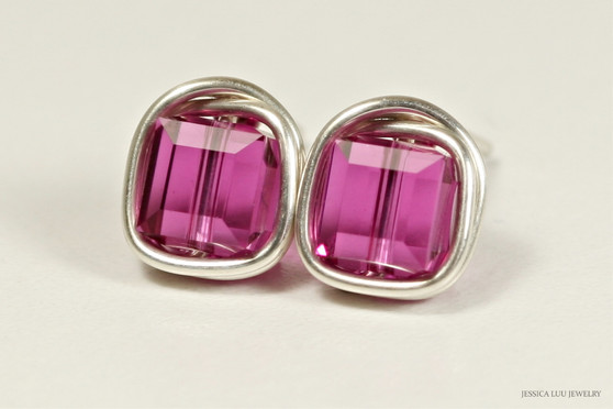 Sterling silver wire wrapped fuchsia pink purple crystal cube stud earrings handmade by Jessica Luu Jewelry