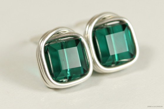 Sterling silver wire wrapped emerald green crystal cube stud earrings handmade by Jessica Luu Jewelry