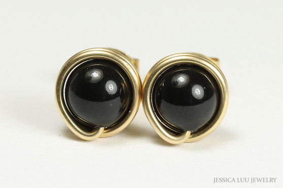 14K yellow gold filled wire wrapped mystic black pearl stud earrings handmade by Jessica Luu Jewelry