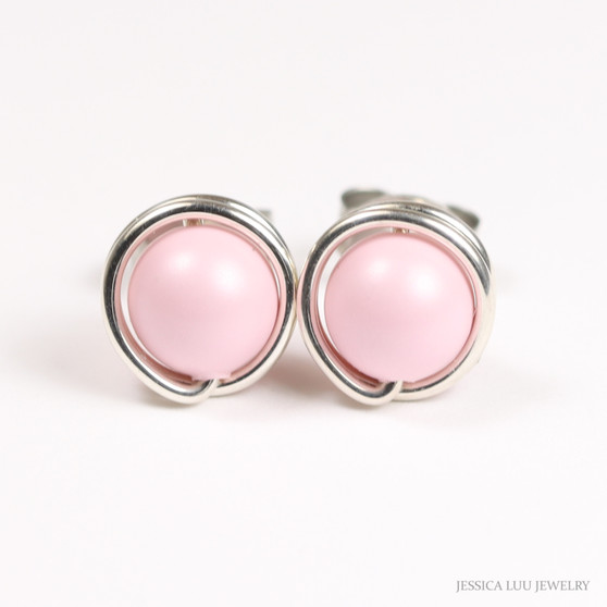 Sterling silver stud earrings with 6mm pastel light pink pearls handmade by Jessica Luu Jewelry