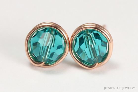 14K rose gold filled wire wrapped teal blue zircon crystal round stud earrings handmade by Jessica Luu Jewelry