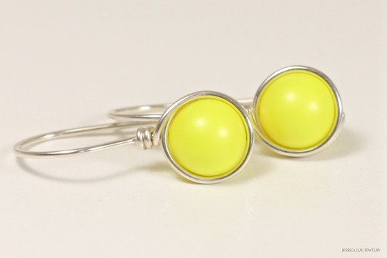Sterling silver wire wrapped bright neon yellow drop earrings handmade by Jessica Luu Jewelry