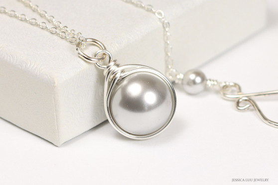 Sterling silver wire wrapped 10mm light grey pearl solitaire on sterling silver chain necklace handmade by Jessica Luu Jewelry