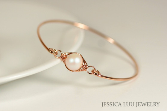 Handmade 14k rose gold filled wire wrapped pearlescent white pearl bangle bracelet