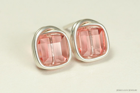 Sterling silver wire wrapped rose peach pink crystal square cube stud earrings handmade by Jessica Luu Jewelry