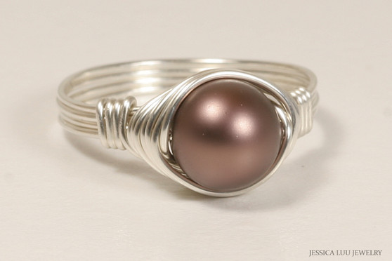 Sterling silver wire wrapped velvet brown pearl solitaire right hand ring handmade by Jessica Luu Jewelry