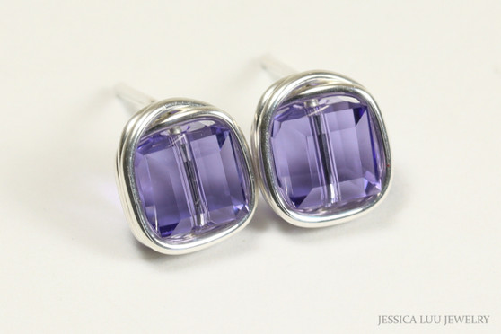 Sterling silver wire wrapped blue purple tanzanite crystal cube square stud earrings handmade by Jessica Luu Jewelry