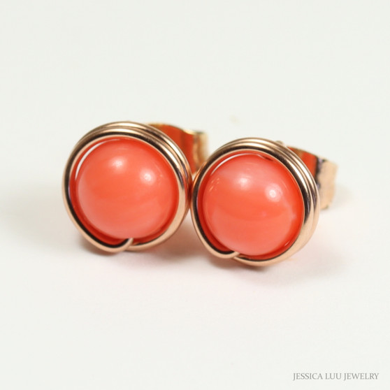 14K rose gold filled wire wrapped 6mm round orange coral gemstone stud earrings handmade by Jessica Luu Jewelry