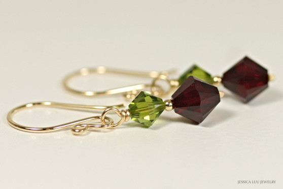 14K yellow gold filled olivine olive green siam dark red garnet crystal dangle earrings handmade by Jessica Luu Jewelry