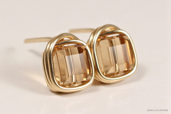 14K yellow gold filled wire wrapped light Colorado topaz crystal cube stud earrings handmade by Jessica Luu Jewelry