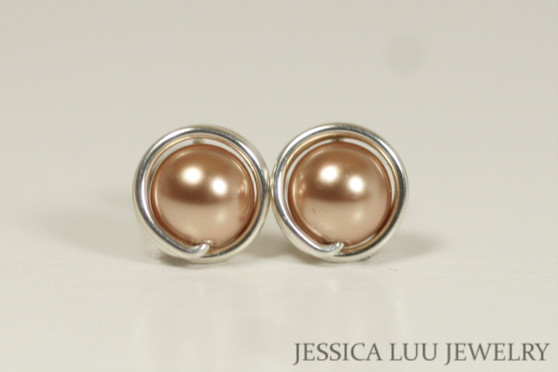 Sterling silver wire wrapped rose gold pearl stud earrings handmade by Jessica Luu Jewelry