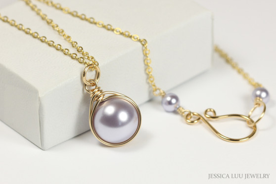 14K yellow gold filled wire wrapped 10mm round lavender pearl solitaire pendant on 18 inch chain necklace handmade by Jessica Luu Jewelry