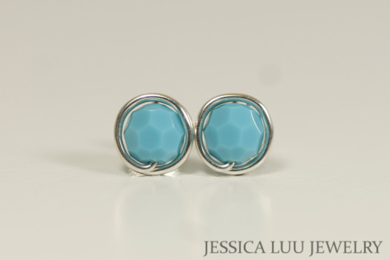 Sterling silver wire wrapped turquoise blue crystal round stud earrings handmade by Jessica Luu Jewelry
