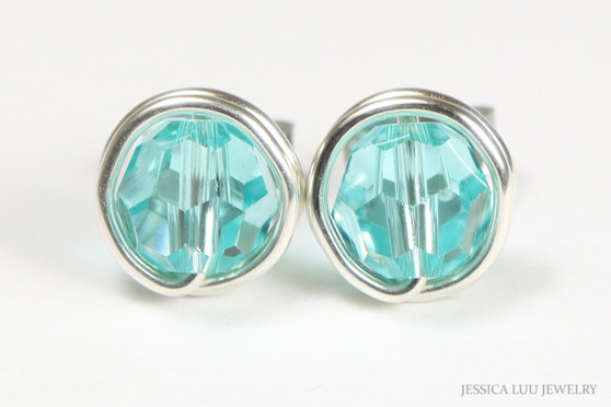 Sterling silver wire wrapped blue green aqua sea glass crystal stud earrings handmade by Jessica Luu Jewelry