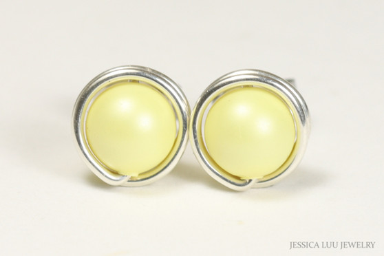 Sterling silver wire wrapped light pastel yellow pearl stud round earrings handmade by Jessica Luu Jewelry