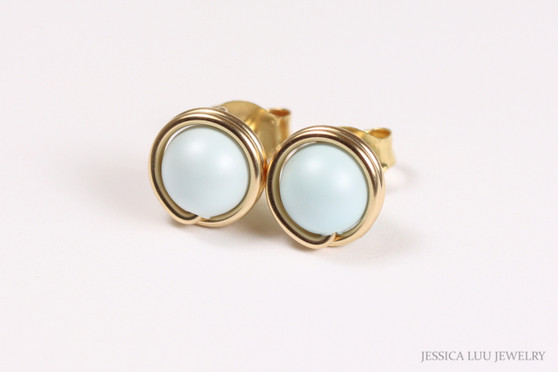 Gold Light Blue Pearl Stud Earrings - Available in 2 Sizes and Other Metal Options