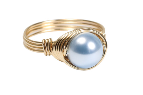 14K gold filled wire wrapped light blue pearl ring handmade by Jessica Luu Jewelry