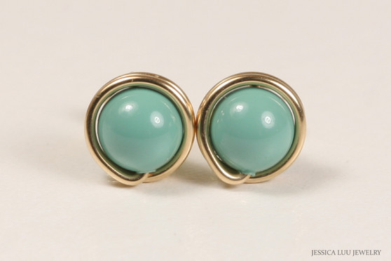 14K yellow gold filled wire wrapped jade pearl stud earrings handmade by Jessica Luu Jewelry