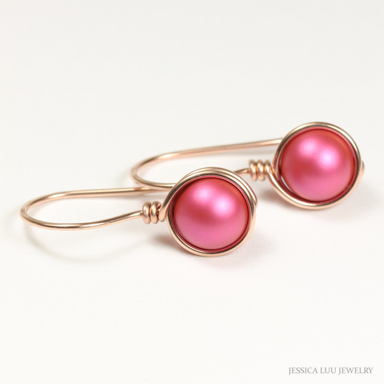 8mm dark pink pearl drop earrings in 14K rose gold filled wire wrapped setting handmade by Jessica Luu Jewelry