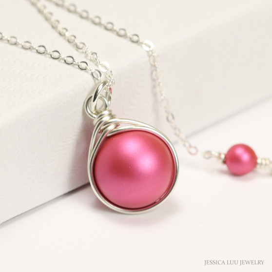 10mm raspberry pink pearl solitaire pendant on sterling silver chain necklace handmade by Jessica Luu Jewelry