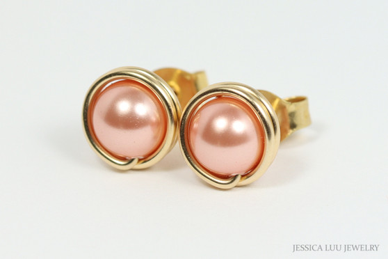14K yellow gold filled wire wrapped rose peach pearl stud earrings handmade by Jessica Luu Jewelry