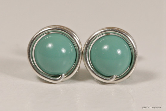 Sterling silver wire wrapped blue green jade stud earrings handmade by Jessica Luu Jewelry