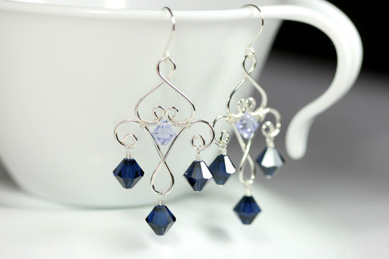 Sterling silver wire wrapped dark indigo blue crystal chandelier earrings handmade by Jessica Luu Jewelry