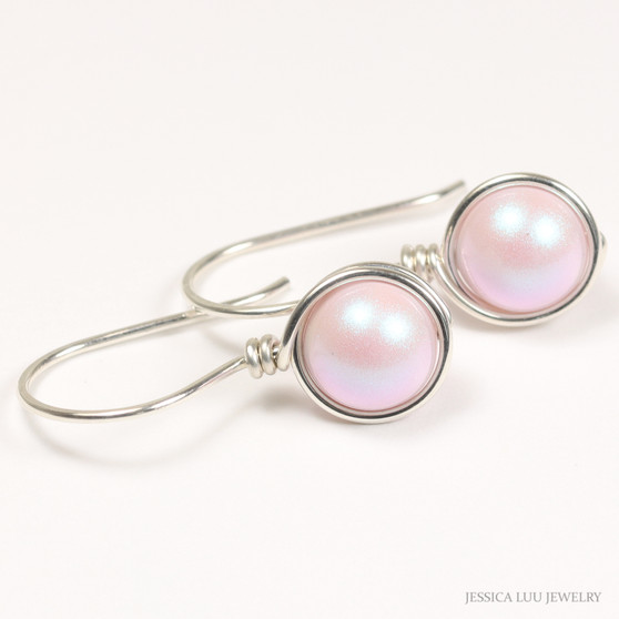 Sterling silver wire wrapped 8mm iridescent light pink pearl drop earrings handmade by Jessica Luu Jewelry