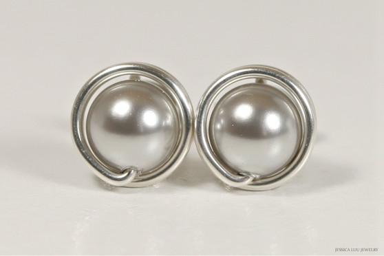 Sterling silver wire wrapped light grey pearl stud earrings handmade by Jessica Luu Jewelry