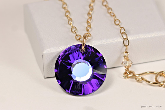 14K yellow gold filled chain necklace with heliotrope purple crystal pendant handmade by Jessica Luu Jewelry