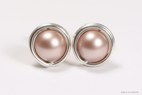 Sterling silver wire wrapped powder almond beige pearl stud earrings handmade by Jessica Luu Jewelry