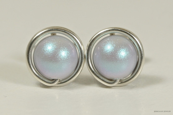 Sterling silver wire wrapped iridescent dreamy light blue pearl stud earrings handmade by Jessica Luu Jewelry