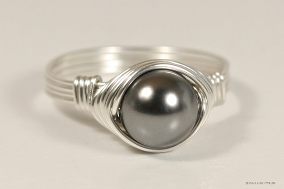 Sterling silver wire wrapped dark grey pearl solitaire ring handmade by Jessica Luu Jewelry