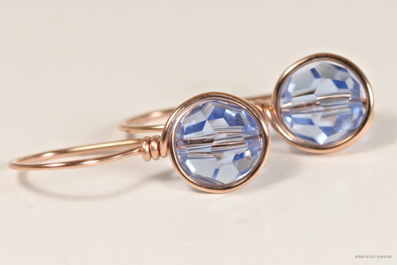 14K rose gold filled wire wrapped light sapphire blue crystal earrings handmade by Jessica Luu Jewelry