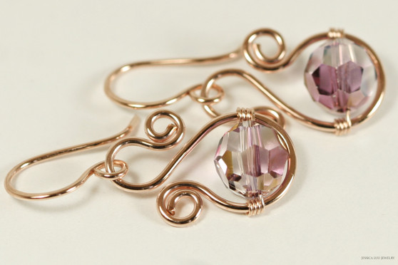 14K rose gold filled wire wrapped lilac shadow purple crystal dangle earrings handmade by Jessica Luu Jewelry