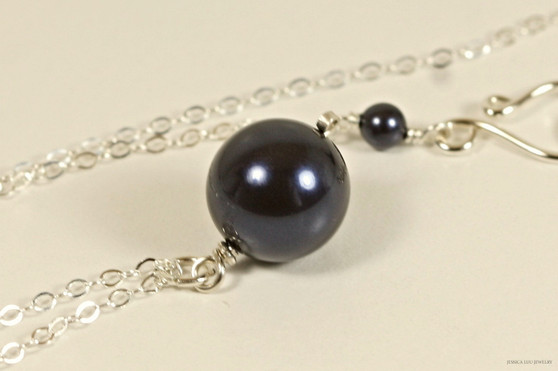 Sterling silver wire wrapped dark navy night blue pearl pendant on chain necklace handmade by Jessica Luu Jewelry
