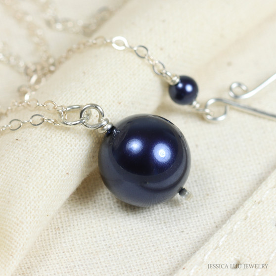 12mm navy blue pearl solitaire on sterling silver 18 inch long chain necklace handmade  by Jessica Luu Jewelry
