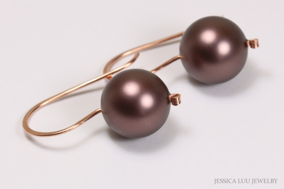 14K rose gold filled earrings with 12mm dark brown pearls handmade by Jessica Luu Jewelry