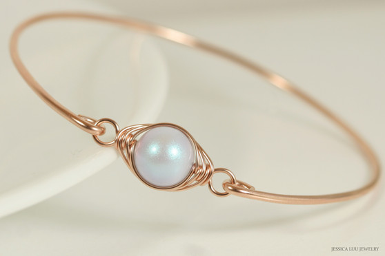 14K rose gold filled wire wrapped iridescent dreamy blue pearl solitaire bangle bracelet handmade by Jessica Luu Jewelry