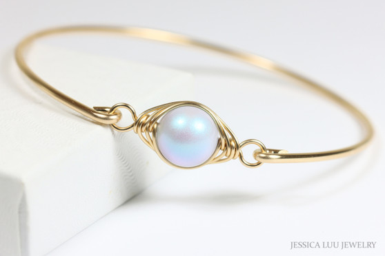Light Blue Pearl Bangle Bracelet Yellow or Rose Gold